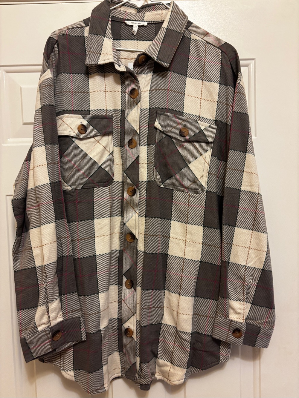 Maurices Cream and Charcoal Plaid Shacket with Subtle Red and Black Accents